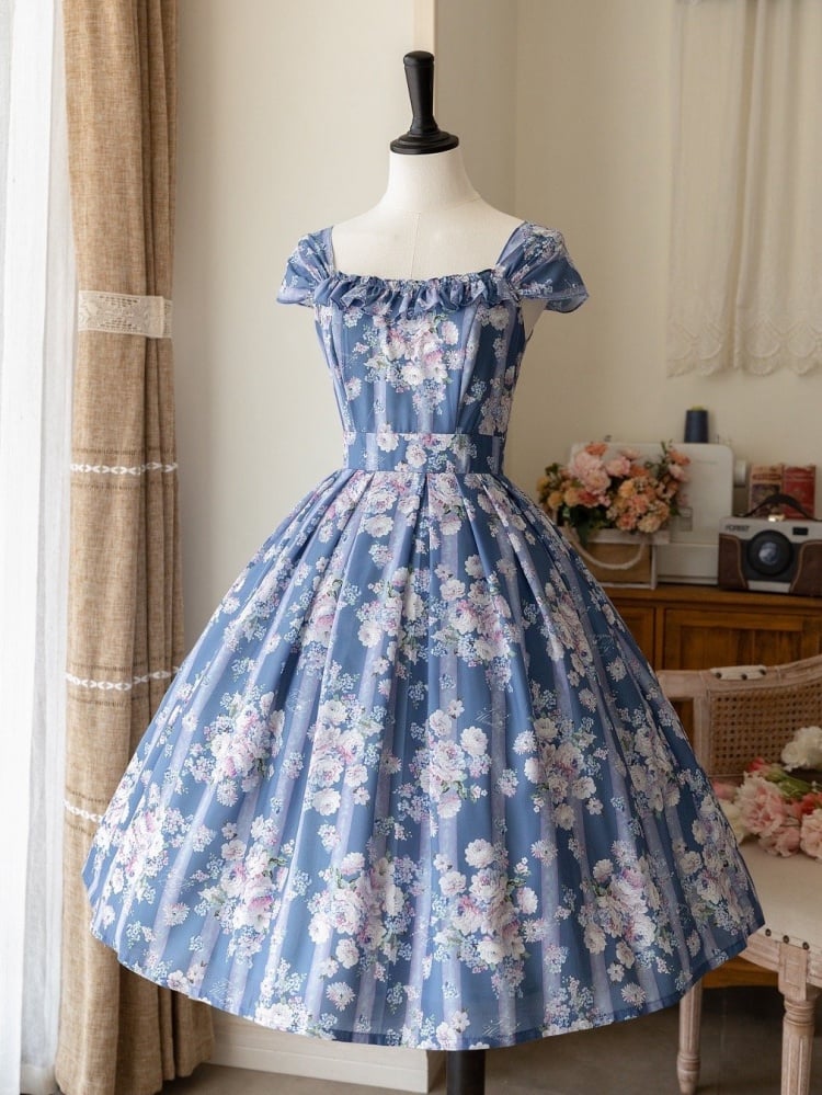 Elegant Blue Floral High-Waisted Jumper Skirt