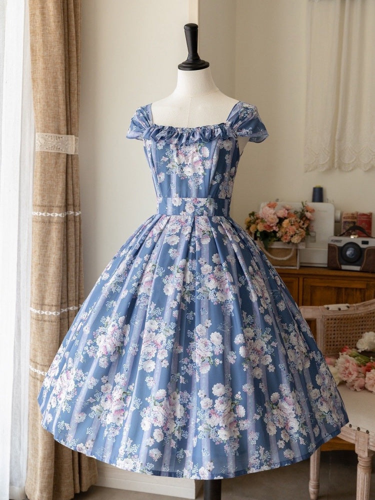 Robe fleurie bleue élégante taille haute avec jupe pull