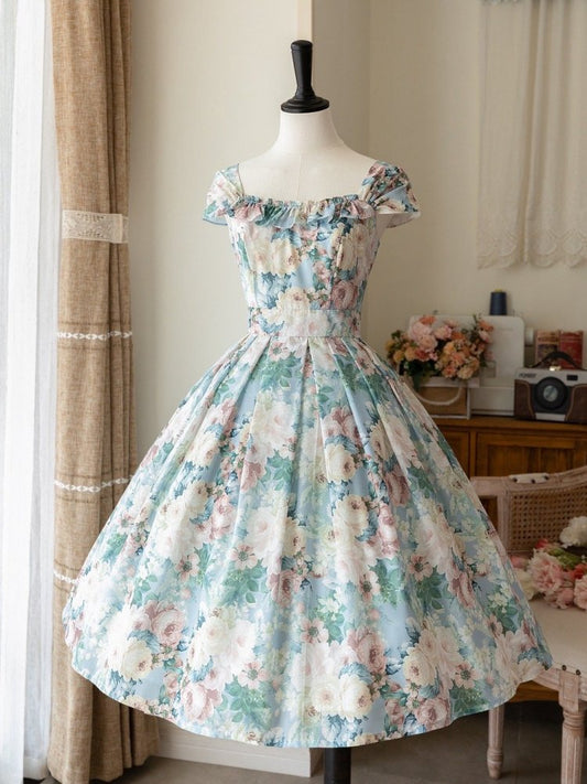 グリーンフローラルの油絵ジャンパースカートドレス