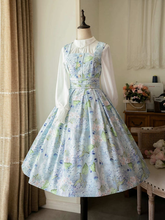 Blaues, eckiges Ausschnittkleid mit Blaubeeren und Hortensien, elegantes, klassisches Lolita JSK-Kleid