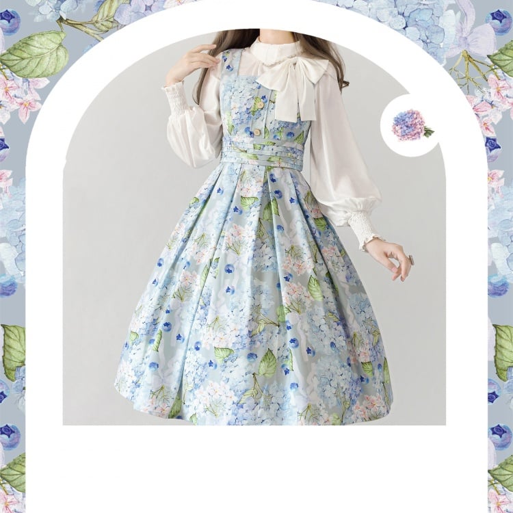 Classic Lolita Dress with Blueberry and Hydrangea Print