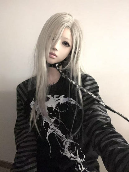 Black/White Graphic Raglan Lettering Prints with Top and Long Sleeves Striped Gothic