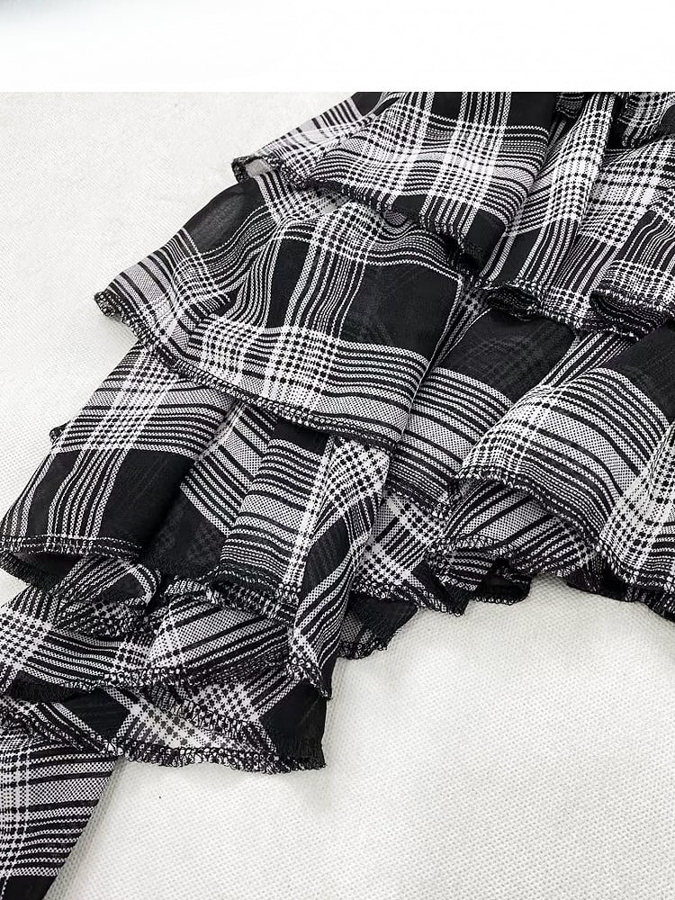 ブラックホワイト ビタースイートパターン チェック柄 裾 アシンメトリー ティアード
