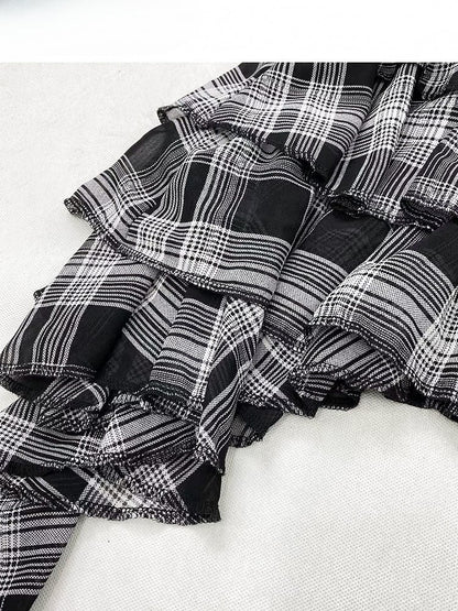 ブラックホワイト ビタースイートパターン チェック柄 裾 アシンメトリー ティアード