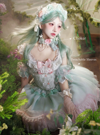 Set Green KC Sleeves Choker Lolita Full Skirt Bow Corset Top Detachable Decorated and Sweet Lace +