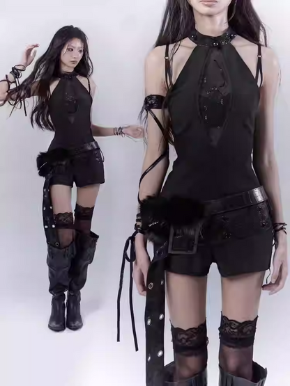 ベルト付きグラマラスブラックホルターネックスパイダーラインストーンジャンプスーツ（バックル付き）