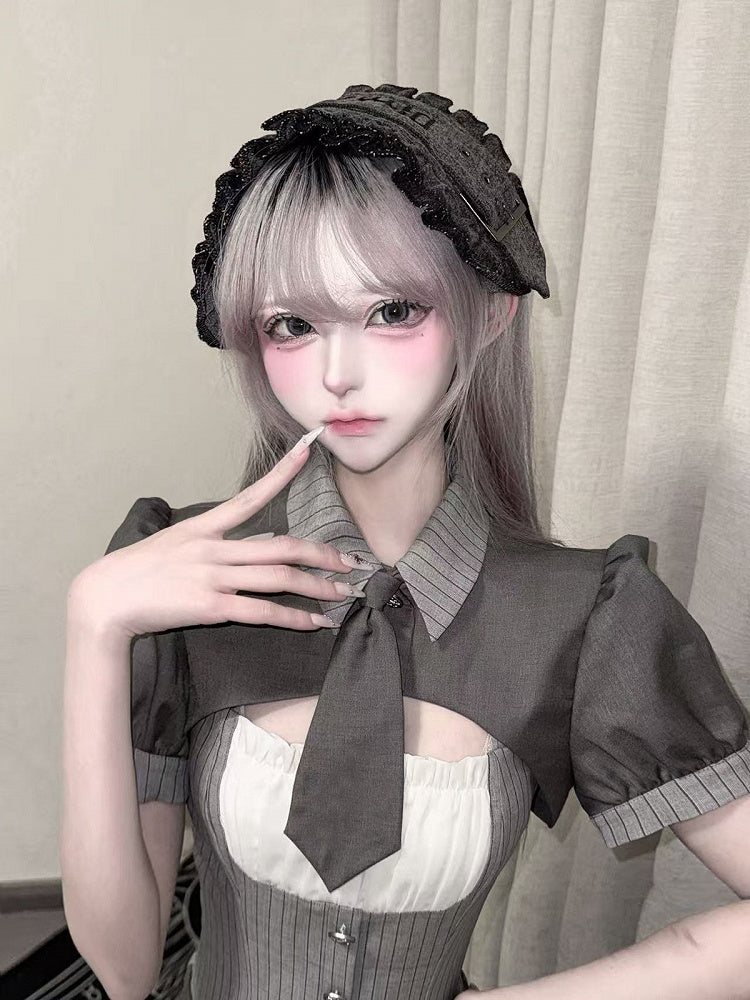 Gray Striped Jirai Kei Set: Cropped Top, Camisole Dress, Belt, Tie - Ekomi