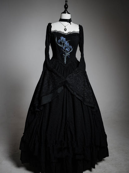 Lolita Black Skirt Dress Drawstring Iris with Gothic Elegant Embroidery