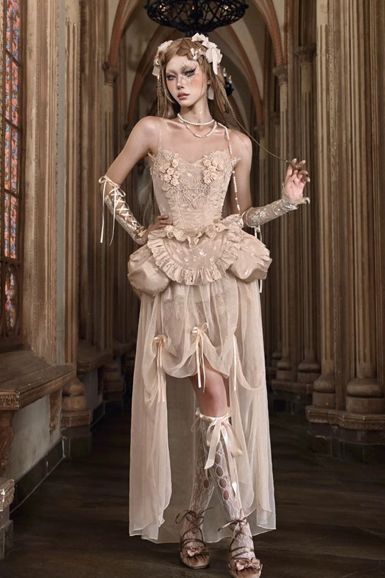 Apricot V-Neck Sleeveless High-Waisted Ruffle Lace Fishbone Corset Skirt Set