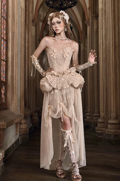 Apricot V-Neck Sleeveless High-Waisted Ruffle Lace Fishbone Corset Skirt Set