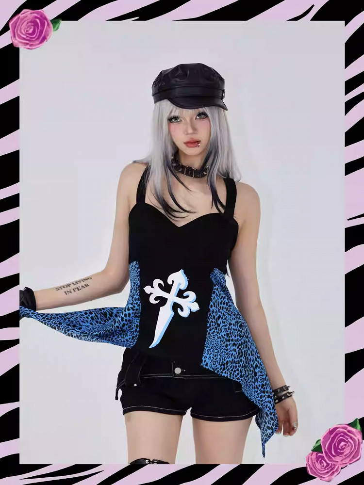 Trägerloses Top Schwarz Glamorous Gyaru Blaue Leoparden Patches Y2K