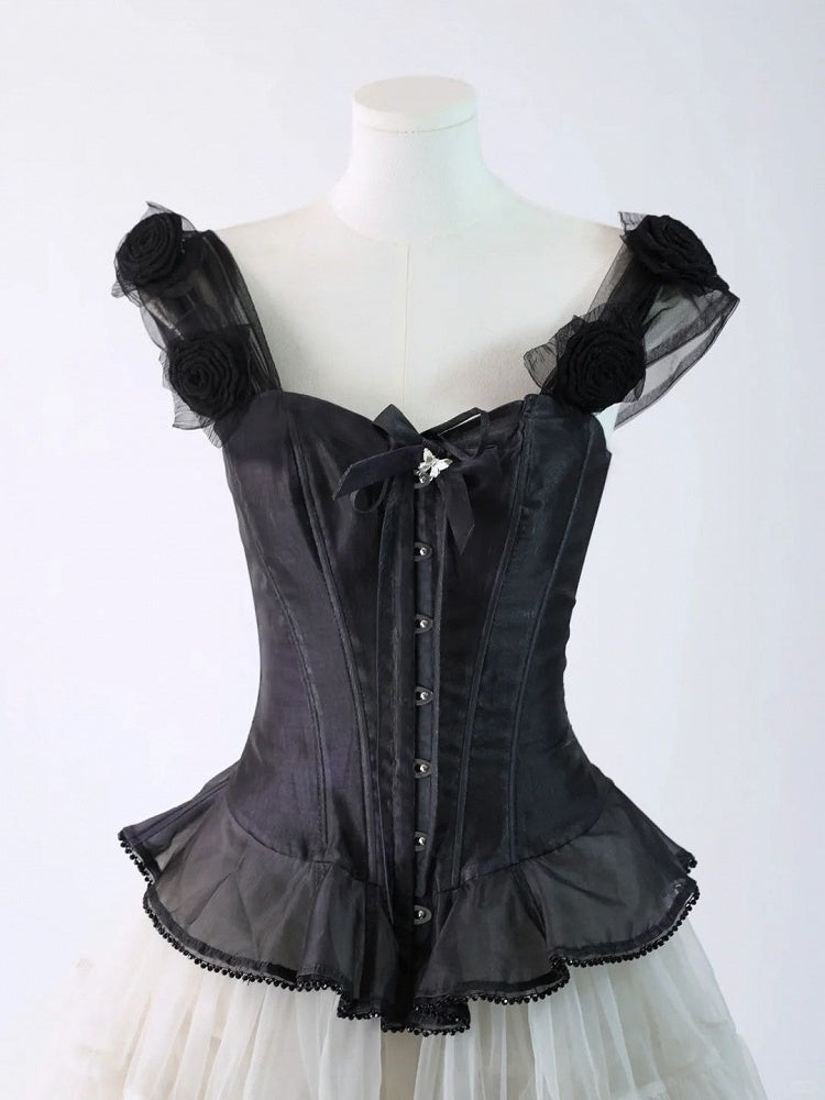 Black Top Corset with Lolita and Shoulder Bow Rose Accents Ribbon