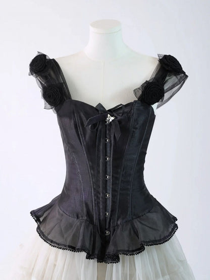 Black Top Corset with Lolita and Shoulder Bow Rose Accents Ribbon