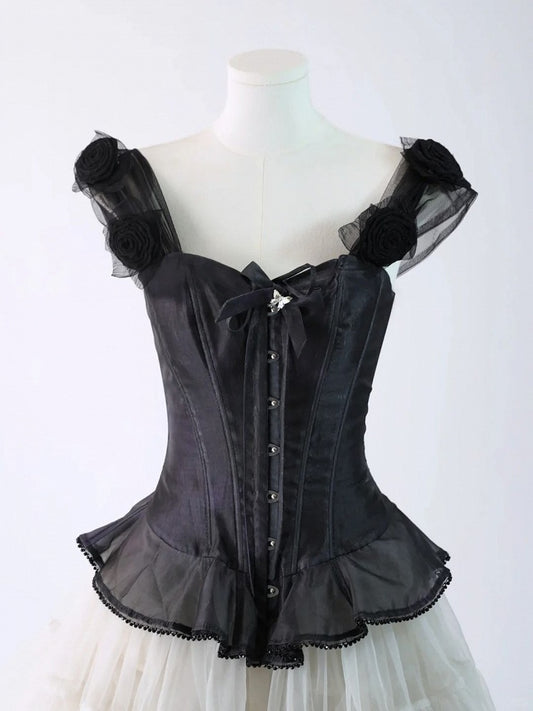 Black Top Corset with Lolita and Shoulder Bow Rose Accents Ribbon