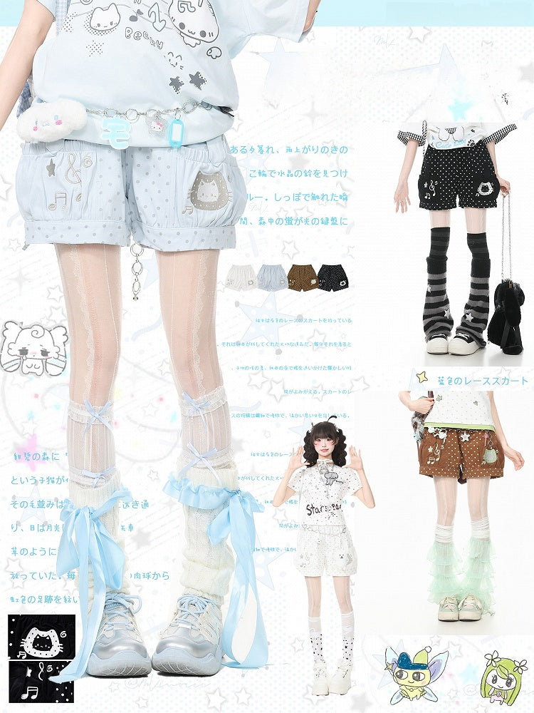 Blue Polka Dot Shorts with Kitty & Music Embroidery - Languid Park