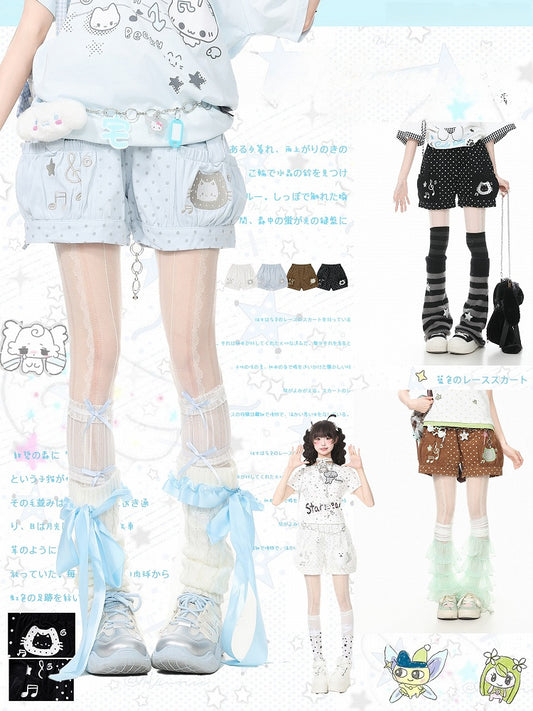 Blue Polka Dot Shorts with Kitty & Music Embroidery - Languid Park