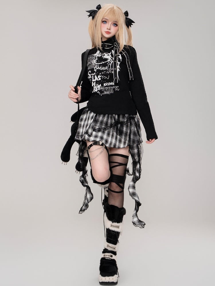 ジライケイ ブラック/ホワイト キティ ストラップディテール ハイネックトップ