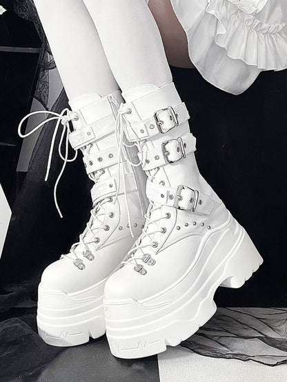 White in Boots System Kei Jirai Studs PU Platform Triple Details Fastening