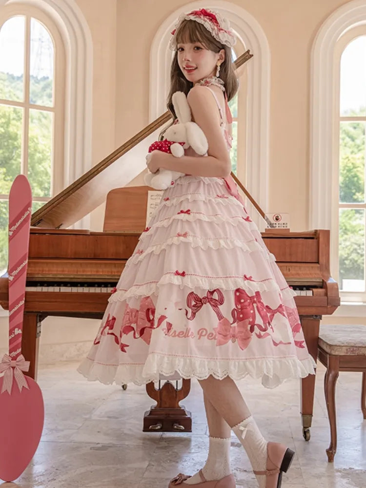 スカート スイートピンク キュート ドレス ジャンパー リボン プリント ロリータ バニー