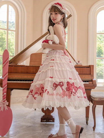 スカート スイートピンク キュート ドレス ジャンパー リボン プリント ロリータ バニー