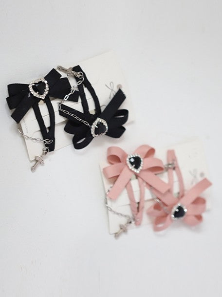Hairclip Black/Pink Cross Kei Heart Bowknot Jirai Rhinestone