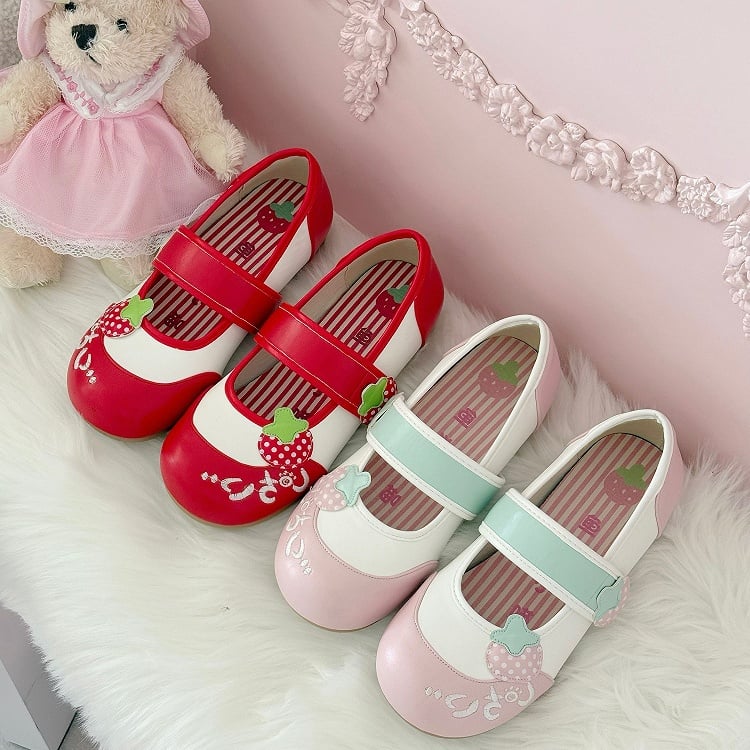 Red Indoor Sweet Shoes Appliques with Soft Round-Toe Soles Strawberry Lolita