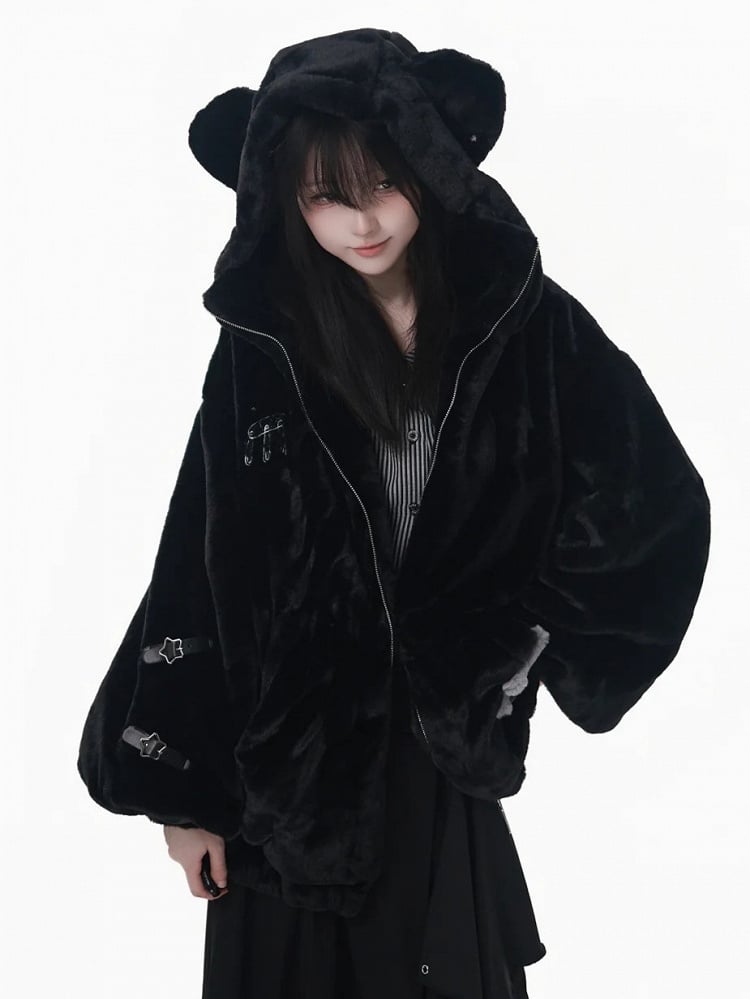 Hooded with Bear Ear Plush Embroidery Black/White Buckle Strap and Lined Pin Accents Coat