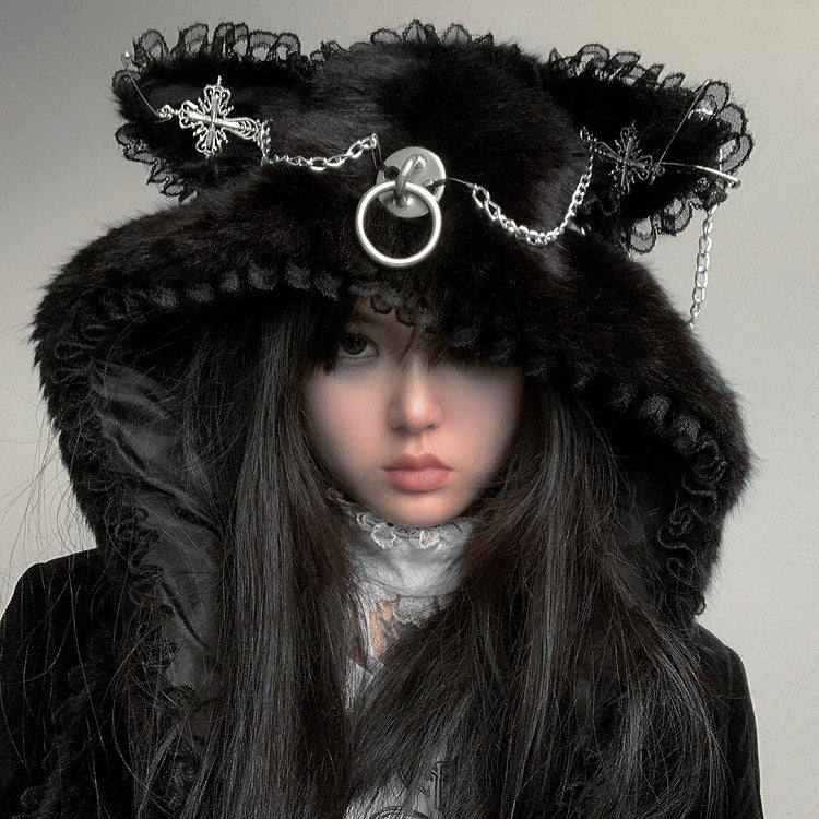 Ear Scarf Plush Cat with Hat Gothic Punk Details Metal