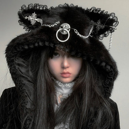Ear Scarf Plush Cat with Hat Gothic Punk Details Metal