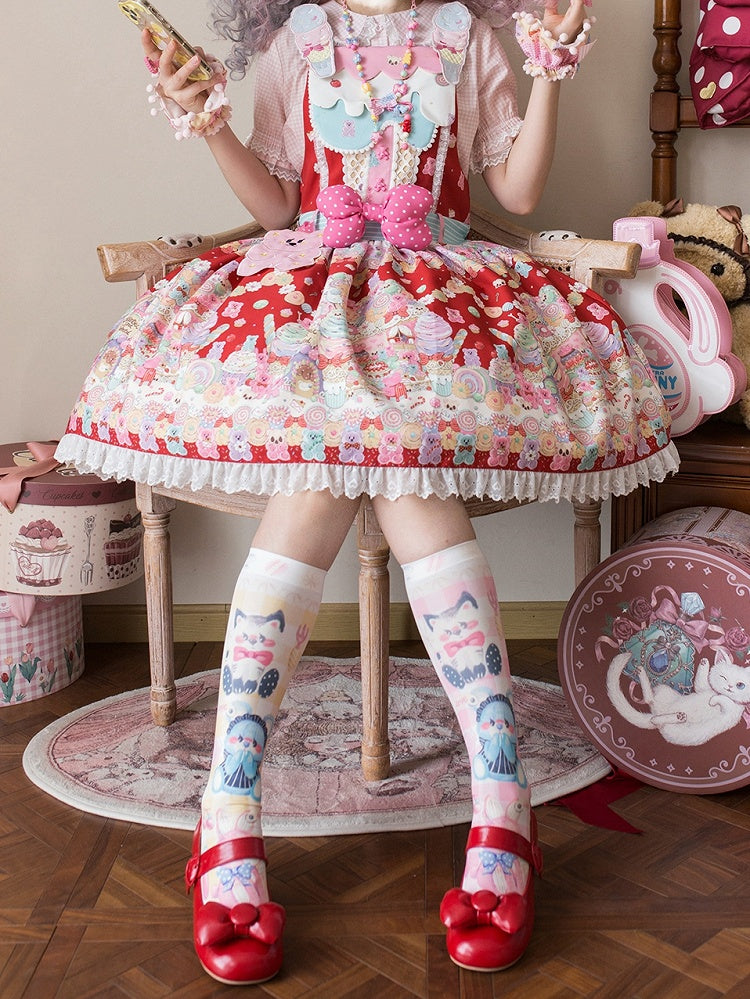 オーバーオールスイートデザートレッドグミプリントとクマのロリータドレス