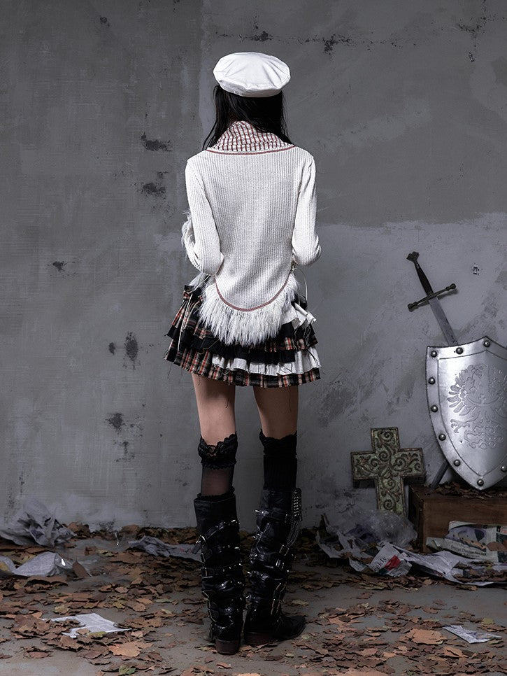 Shawl Vintage Red Print Christmas Plaid Knit Punk Top White Collar Wing with