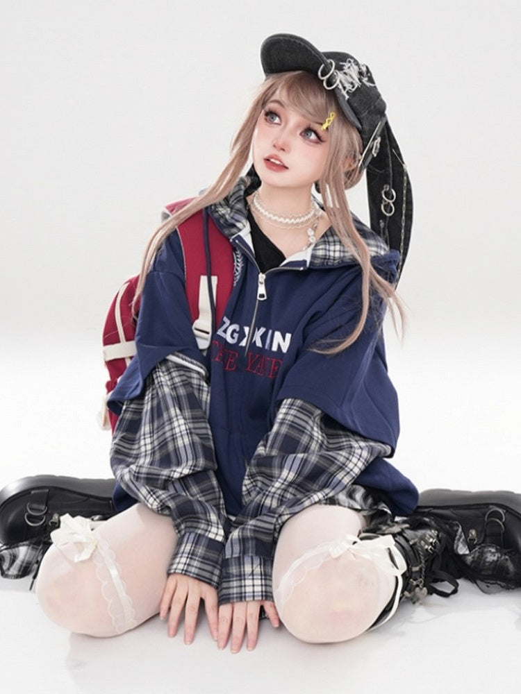 Weiß Schwarz Ärmel Plaid Blau Navy Patchwork Hoodie