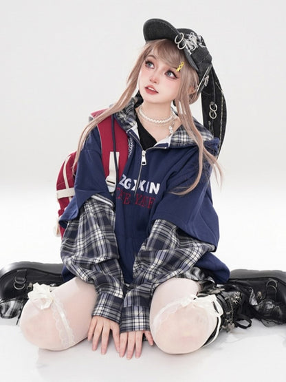 Weiß Schwarz Ärmel Plaid Blau Navy Patchwork Hoodie