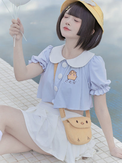 Blue Little Chicken Embroidery Peter Pan Collar Top + White Pleated Skirt Swimsuit Set