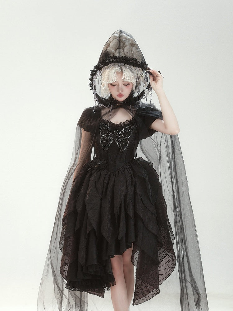 Butterfly Motif Puff Sleeve Lolita Top and Asymmetrical Hem Skirt Set in Black - Sweet Wood Lolita