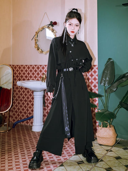 Shirt Patchwork Cheongsam Crow Gothic Asymmetric Faux Embroidery Two-Piece with Black