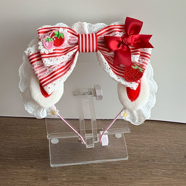 Oversized KC Theme Bowknot Bunny Ear Strawberry Striped Sweet