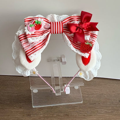 Oversized KC Theme Bowknot Bunny Ear Strawberry Striped Sweet