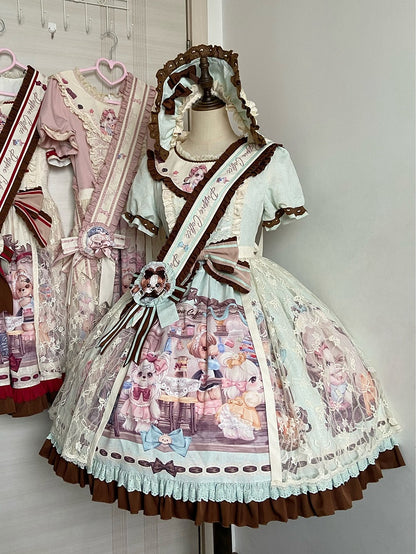 Print Lolita Coffee Overlay Green Puppy's Sweet House Detachable with Dress