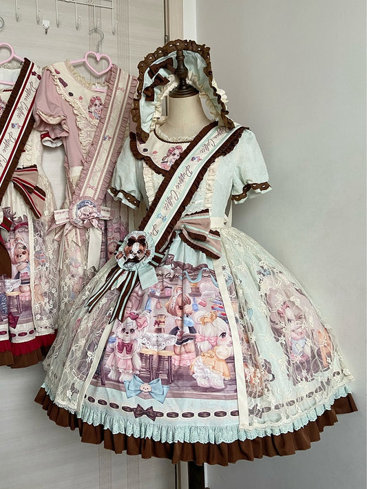 プリントロリータコーヒーオーバーレイグリーン子犬のスイートハウス（ドレス付き取り外し可能）