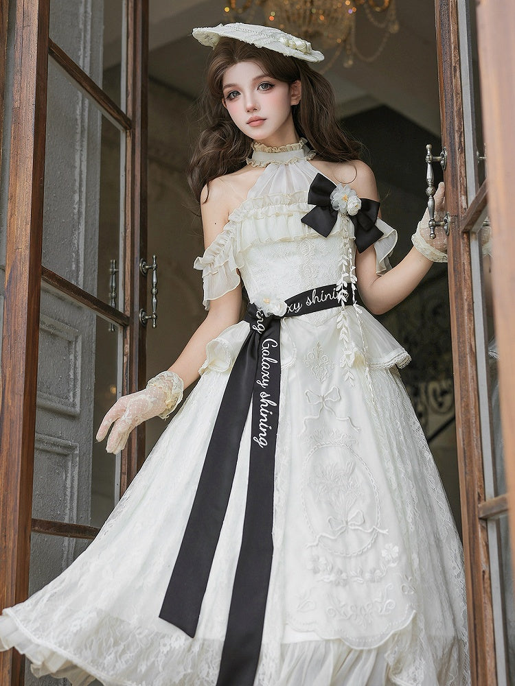 Beige Halter Neck Floral Embroidery Elegant Classic Lolita Dress with Bow - Unknown Star