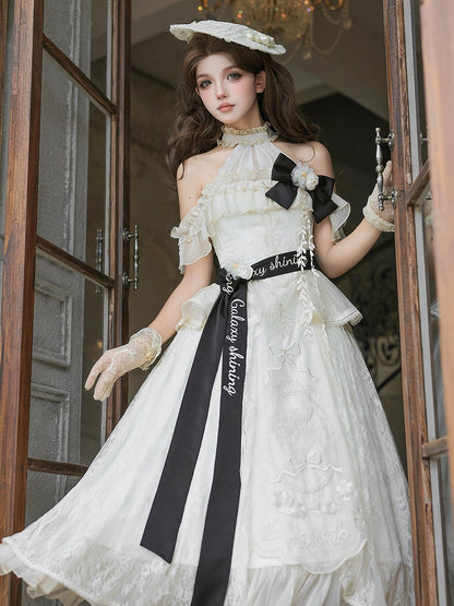 Beige Halter Neck Floral Embroidery Elegant Classic Lolita Dress with Bow - Unknown Star