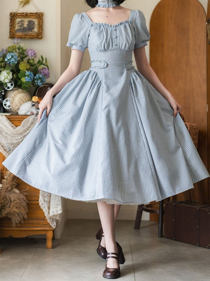 Ausschnitt Ärmel Puff Retro Gestreiften Stoff Blau Kleid Quadrat Mode Vintage