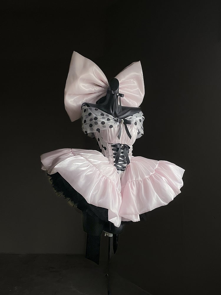 Satin Off-the-Shoulder Dress with and Large Bow Detail Dot Pink Princess Balletcore Polka