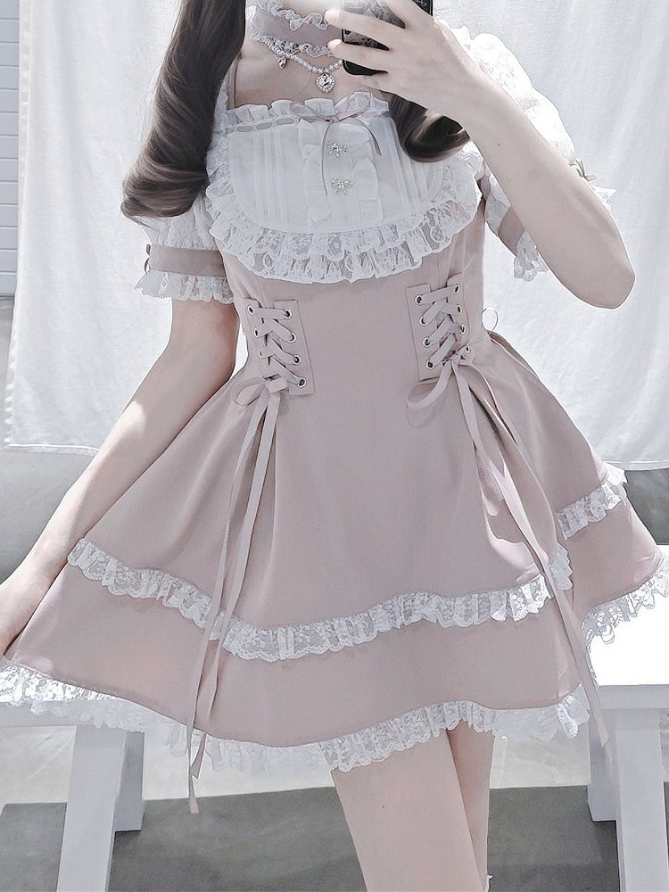 Ryousangata Choker Trim Design White With Sleeve Matching Dress - Bead Fashion Two-Piece Short + Chain Set Shorts Lace Pink