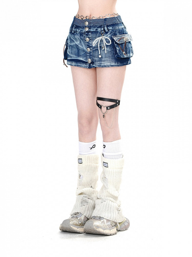 魅力的なミニスリムフィットポケットブルーシルバートーンデニムスカートボタン