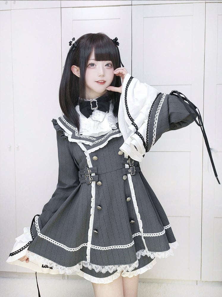 + Shorts Kei Matching Set Striped Bell Dark Jirai Sleeves Gray Dress