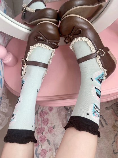 Sweet Cake Chocolate Lolita Cotton Mint Green Socks Pattern