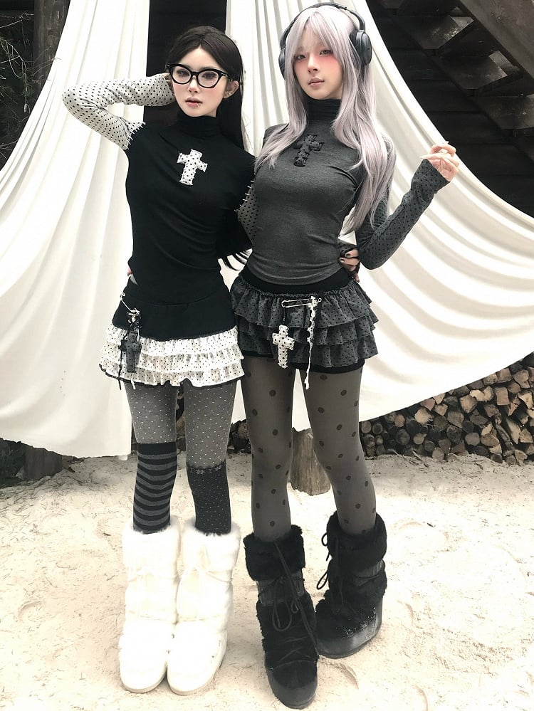 / Details with Star Polka - Dot Lace Cross Detachable Grey Dark Accessory Light