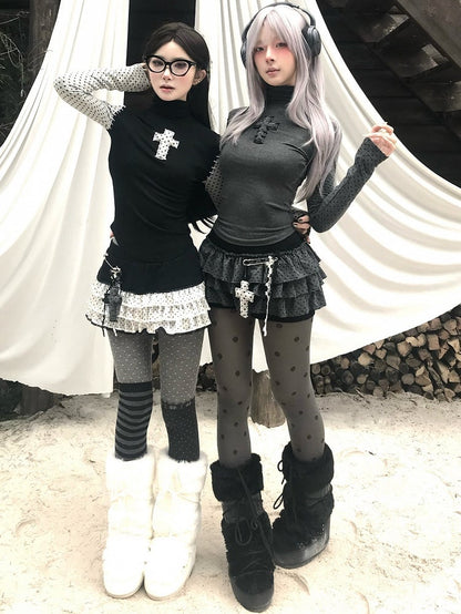 / Details with Star Polka - Dot Lace Cross Detachable Grey Dark Accessory Light